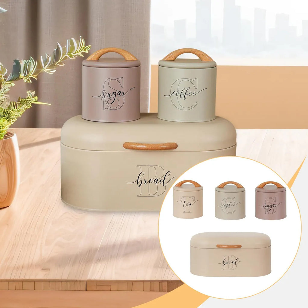4 Pieces Tea, Coffee, Sugar Jars With Bread Box