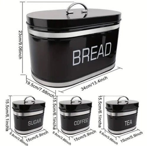 Coffee, Tea, Sugar Jars With Luxury Black Breadbox