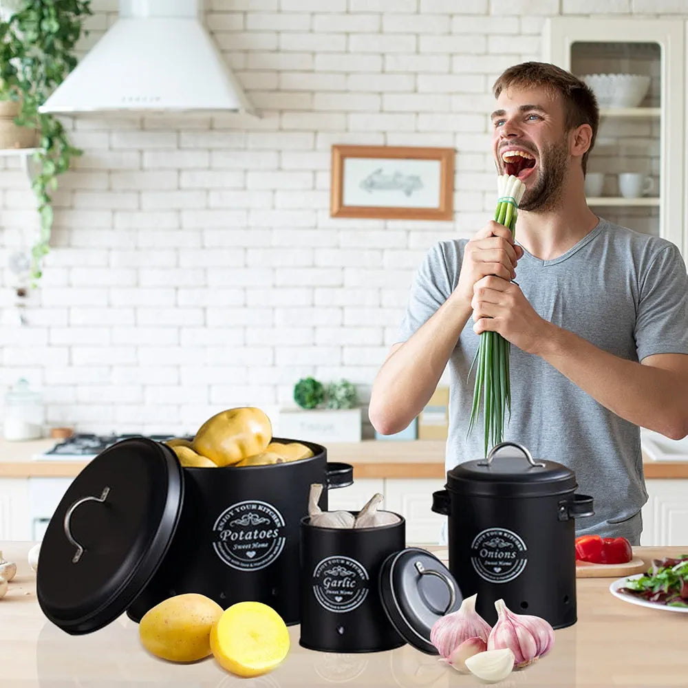 Premium Metal Set Of (3) Potato Canister (Black)