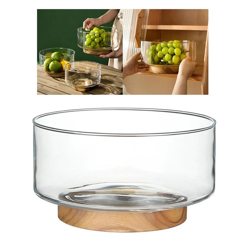 Glass fruit bowl with a wooden base