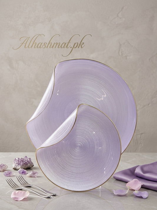 Handmade 7 PCS Aurora Glass Cake Plate Set With Gold Rim | Sculptural Glass Dessert Plate | Available in 5 Colours
