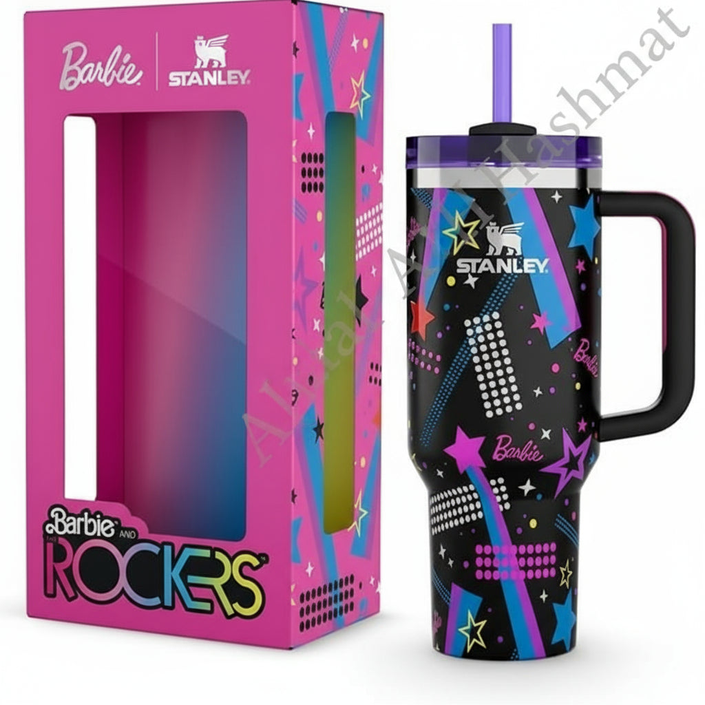 Stanley x Barbie '80s Rockers Quencher H2.0 FlowState 40 oz Tumbler, a limited edition product from the collaboration between Stanley and Barbie.