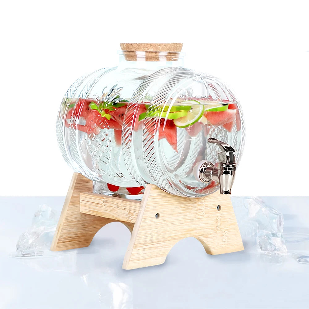 Barrel Shape Glass Juice, Water, Cocktails & Any Other Beverage Dispenser with Bamboo Stand (Available in 3 Liters 5 Liters & 8 Liters)