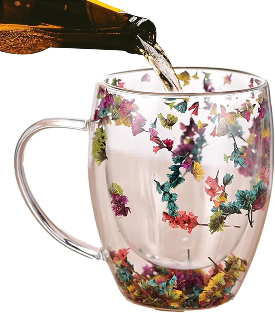 Double Walled, Insulated Coffee Mugs 350ML, Dried Flowers Multicolor Cups with Handle, Heat Resistant Cappuccino, Latte, Milk, Tea, Hot & Cold Beverages Mugs