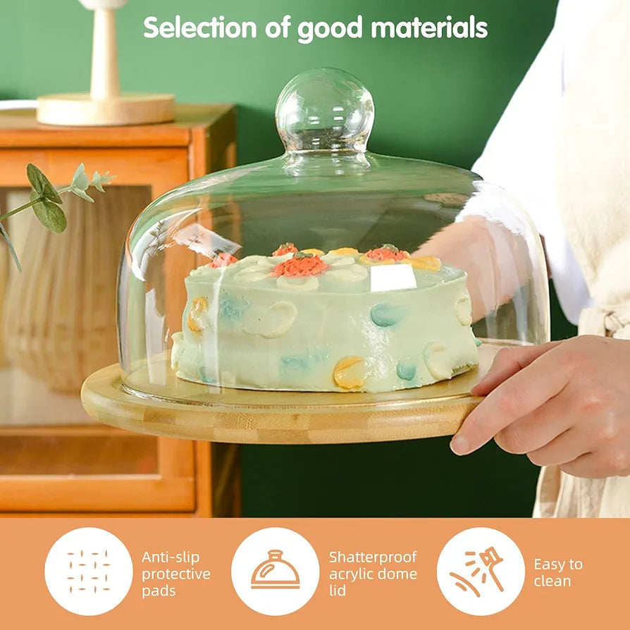 Wooden cake stands with a Glass dome
