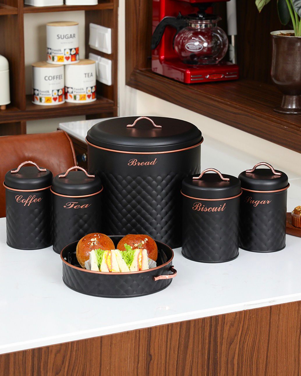 Biscuits, Tea, Coffee, Sugar Jars With Serving Tray & Elegant Bread Box 6 PCS Set – Black (Premium Kitchen Storage)