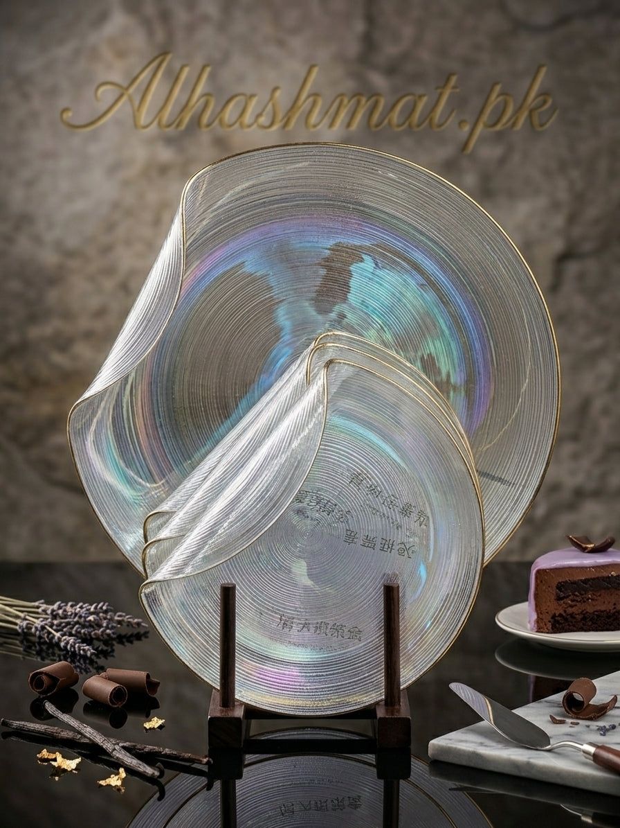 Handmade 7 PCS Aurora Glass Cake Plate Set With Gold Rim | Sculptural Glass Dessert Plate | Available in 5 Colours