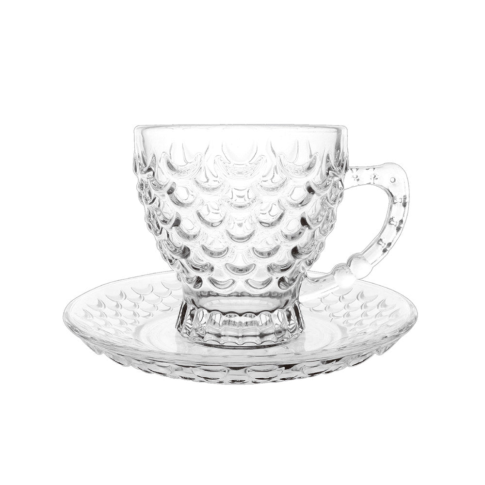 Textured Transparent Glass Tea Set Of 12 Pieces With Saucer Plate