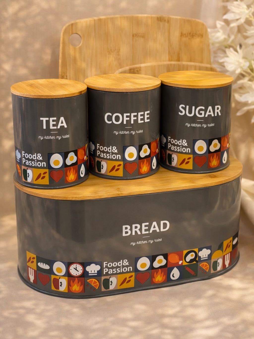Tea, Coffee, Sugar, Jars & Elegant Breadbox 4 PCS Set - Black