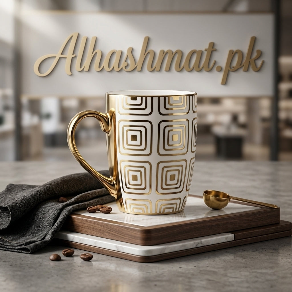 Geomatric Design Luxurious Porcelain Gold Handle Mug