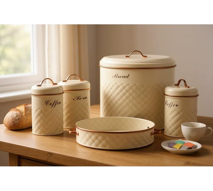 Biscuits, Tea, Coffee, Sugar Jars With Serving Tray & Elegant Bread Box 6 PCS Set – White (Premium Kitchen Storage)