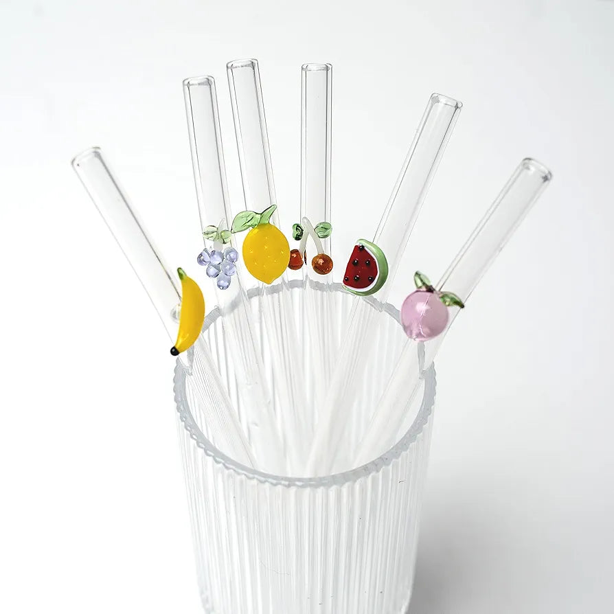 Mix Fruit & Vegetables Reusable 6 PCS Glass Straws With Cleaning Brush