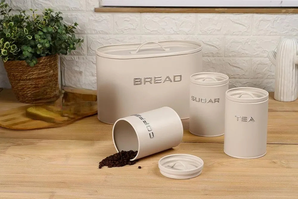 4PCS Sugar, Tea, Coffee Jar Set With Elegant Metal Breadbox - Beige