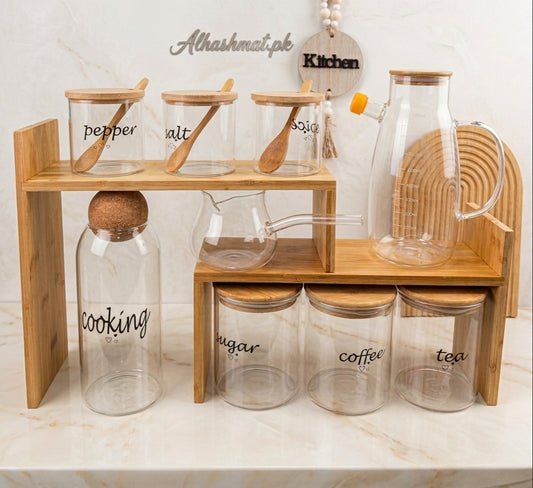 Premium Glass & Bamboo Kitchen Organizer Set – Elegant Storage Solution | Alhashmat.pk