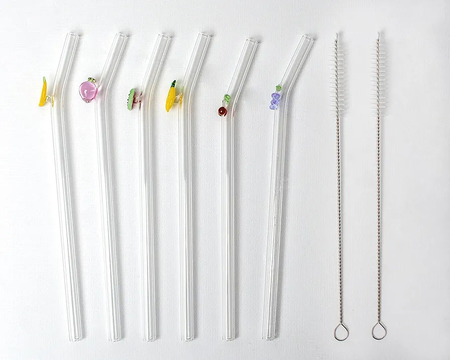 Mix Fruit & Vegetables Reusable 6 PCS Glass Straws With Cleaning Brush