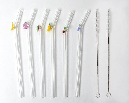 Mix Fruit & Vegetables Reusable 6 PCS Glass Straws With Cleaning Brush