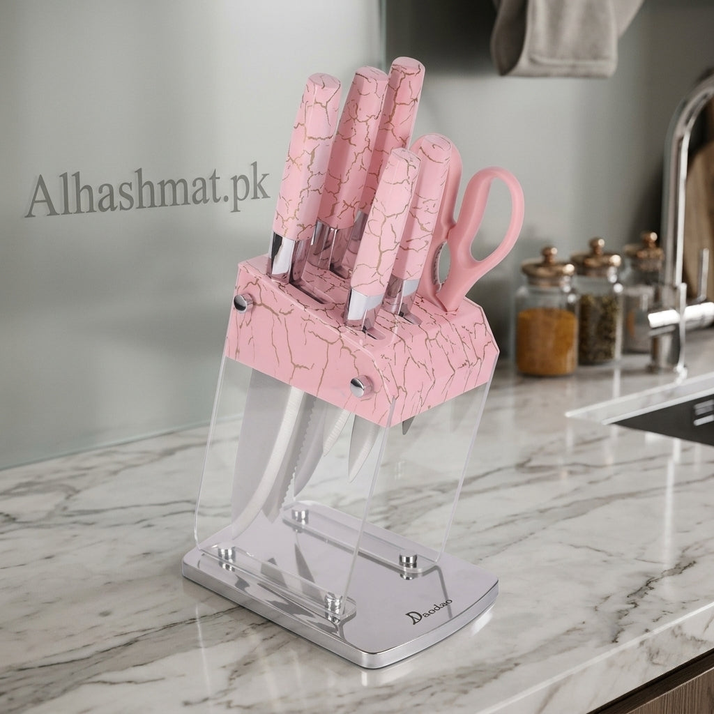 Marble Design Kitchen Knife Set - Pink