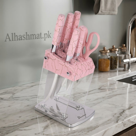 Marble Design Kitchen Knife Set - Pink