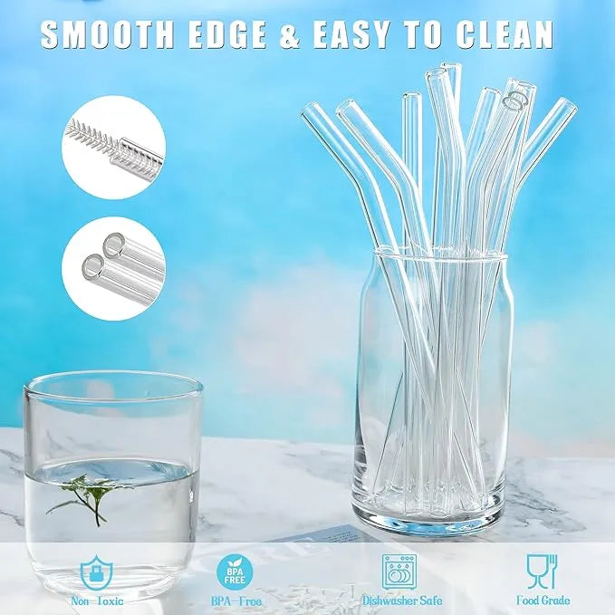 Set of 6 - Transparent Reusable Glass Straws With Cleaning Brush, Glass Drinking Straws - Clear Glass Straws