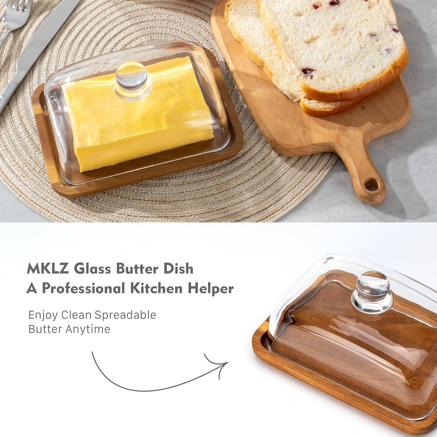 Premium Glass Material Butter Dish With Bamboo Tray