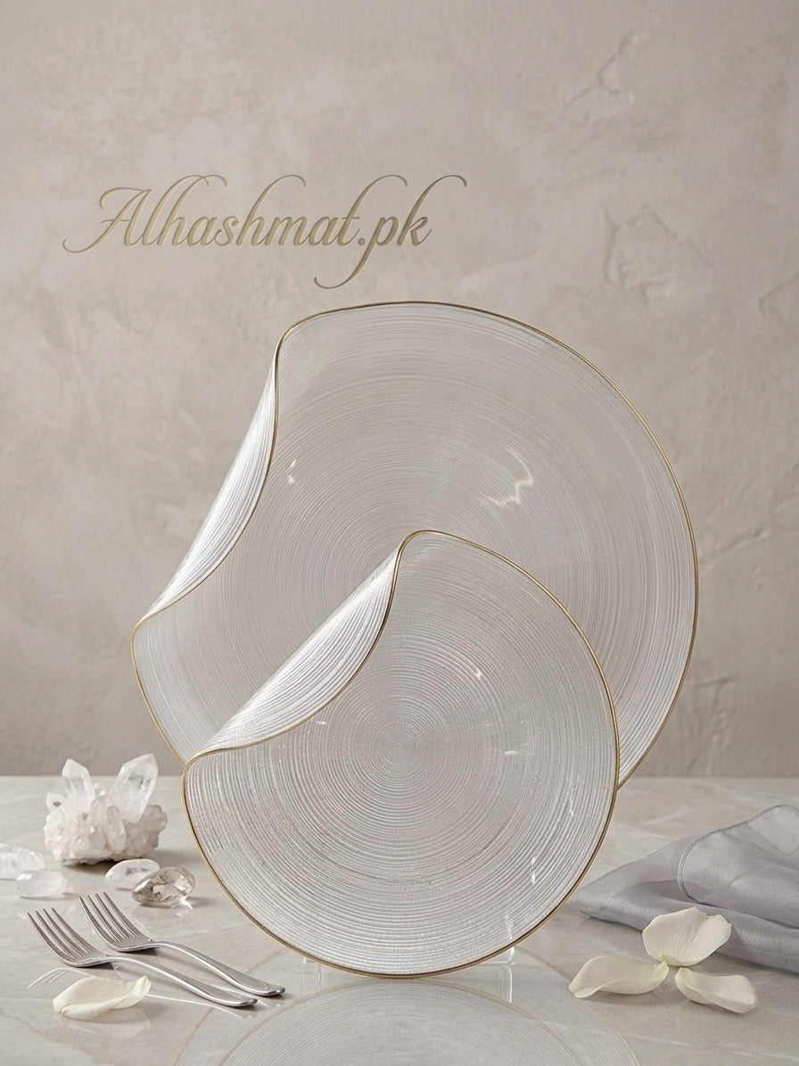 Handmade 7 PCS Aurora Glass Cake Plate Set With Gold Rim | Sculptural Glass Dessert Plate | Available in 5 Colours