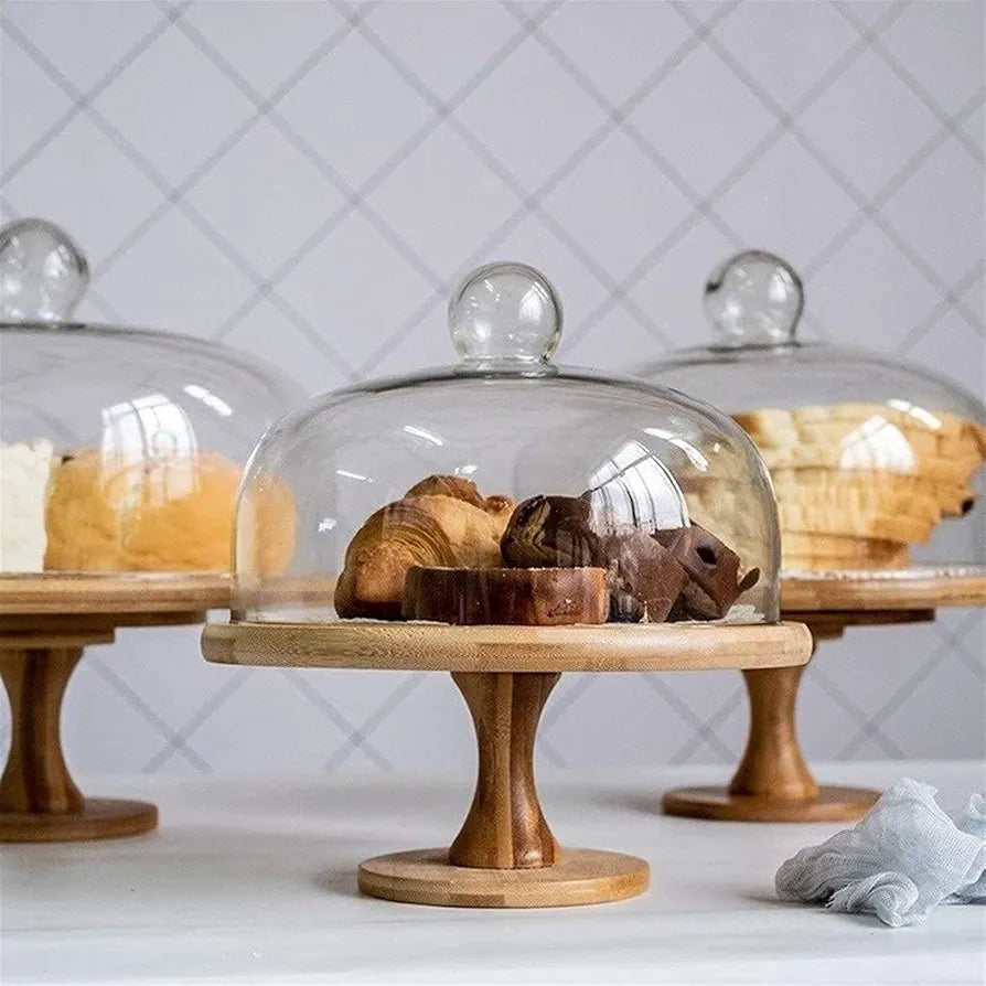 Wooden cake stands with a Glass dome