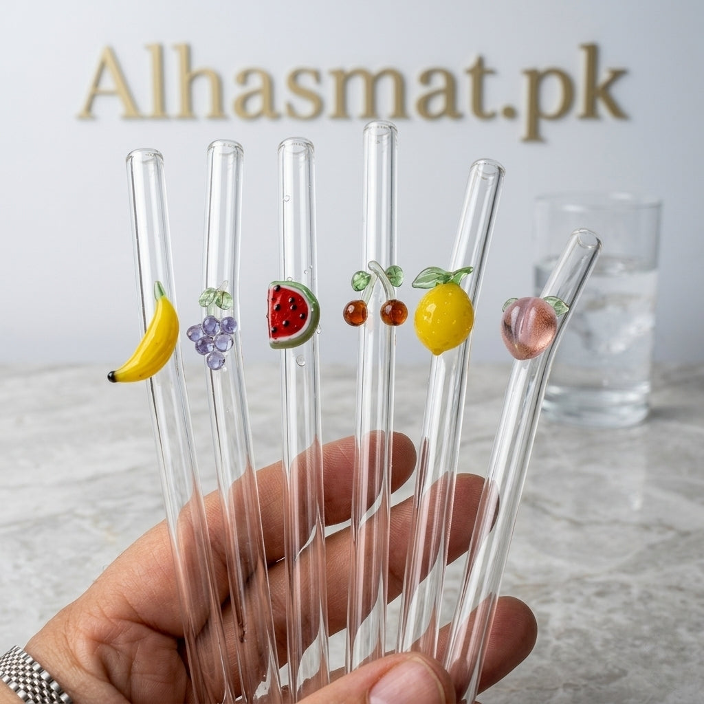Mix Fruit & Vegetables Reusable 6 PCS Glass Straws With Cleaning Brush