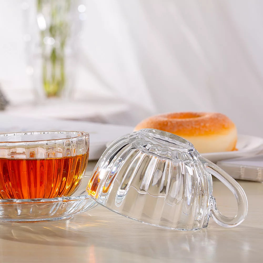 Textured Transparent Tea Cup Set of 12 Pieces With Saucer Plate