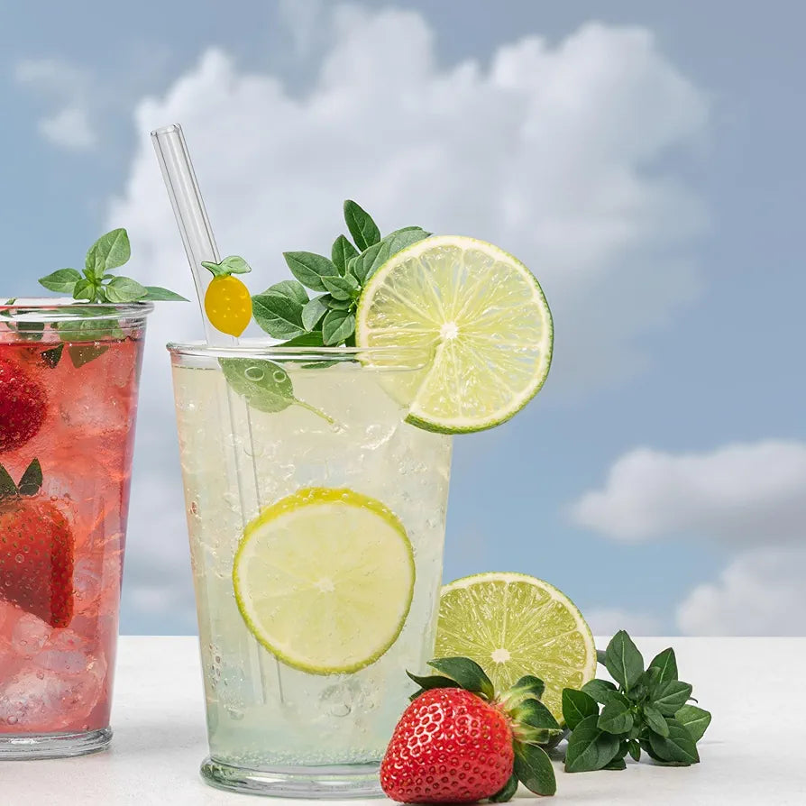 Mix Fruit & Vegetables Reusable 6 PCS Glass Straws With Cleaning Brush