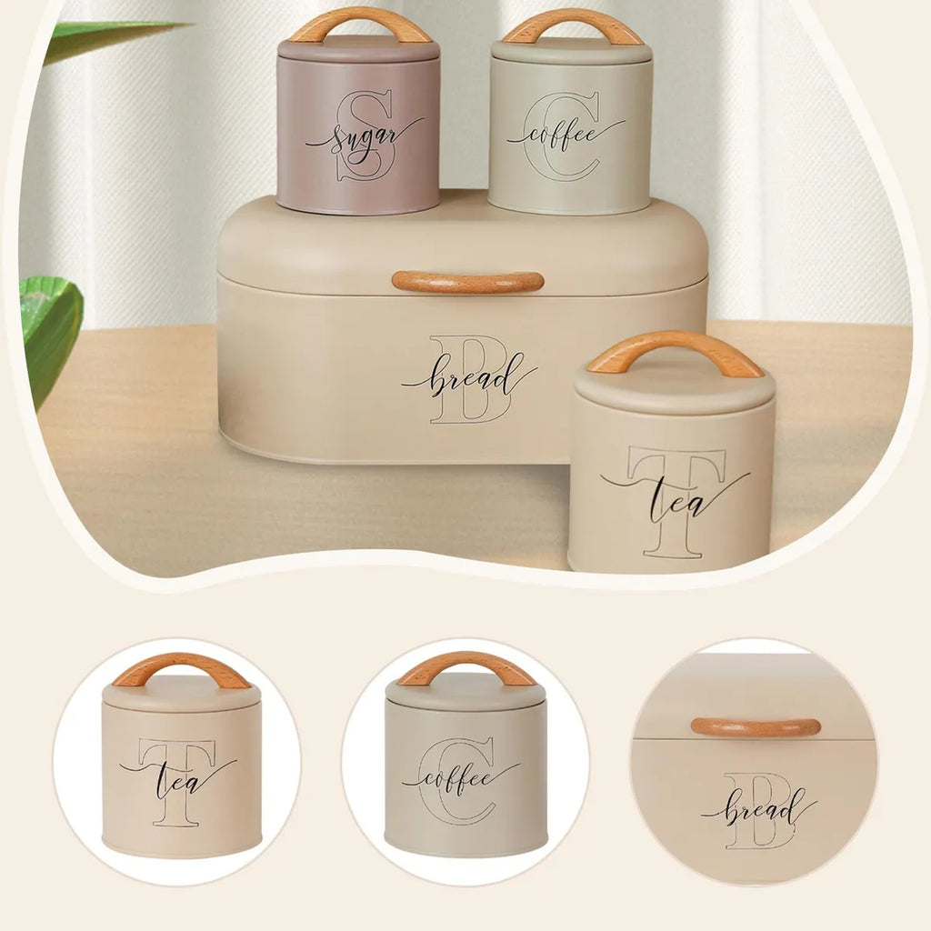4 Pieces Tea, Coffee, Sugar Jars With Bread Box