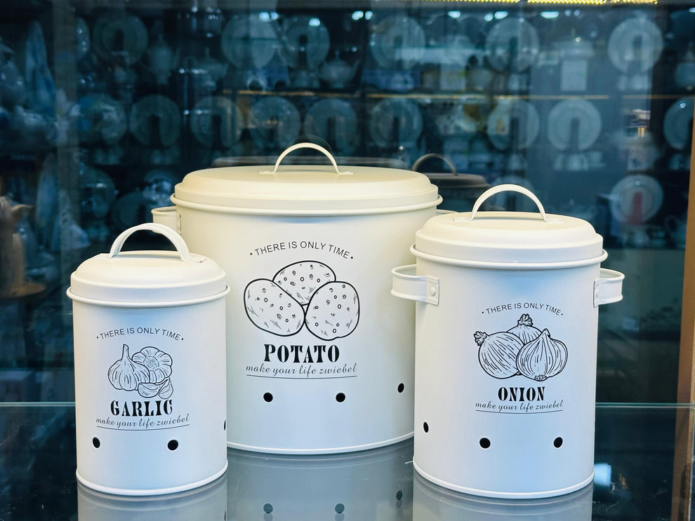 Premium Metal Set Of (3) Potato, Onion, & Garlic Storage Canisters (White)