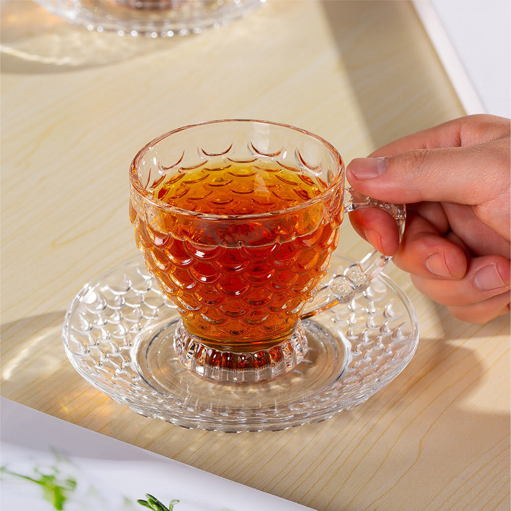 Textured Transparent Glass Tea Set Of 12 Pieces With Saucer Plate