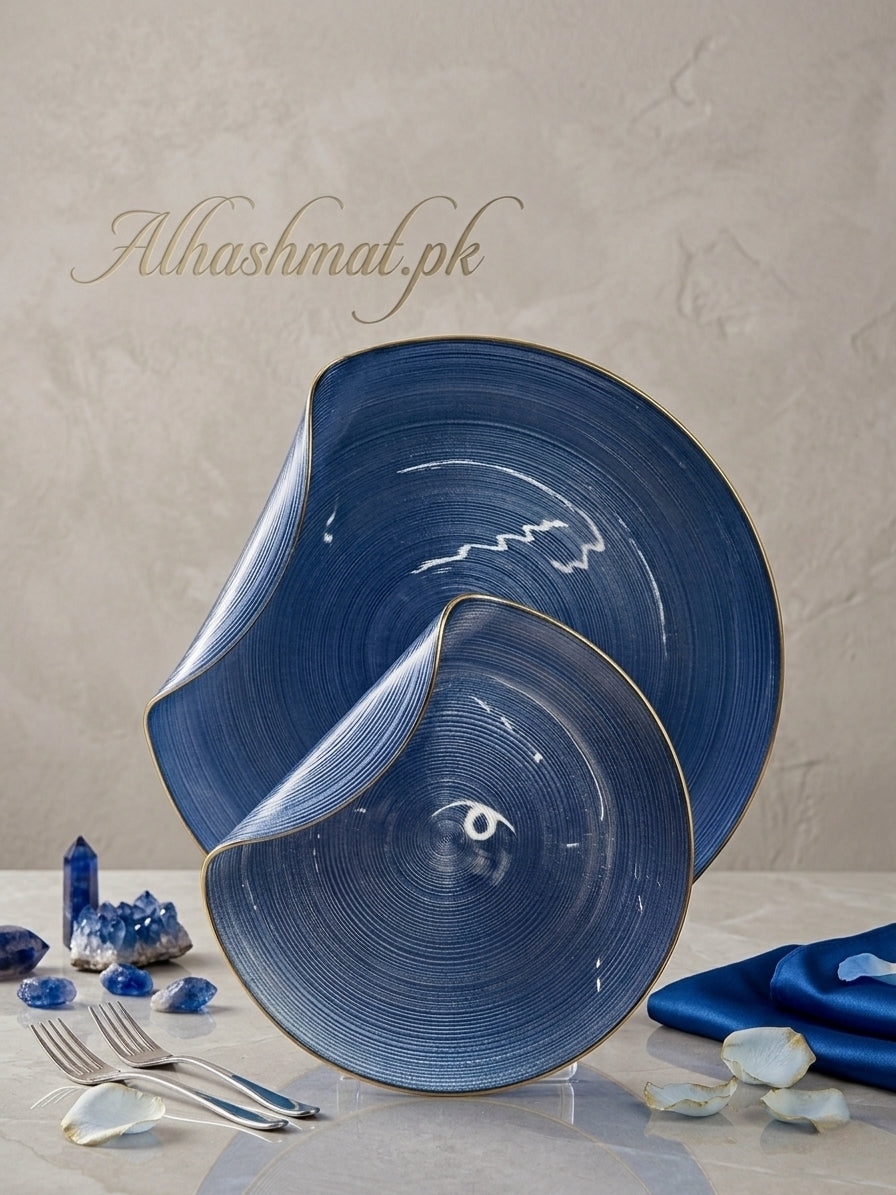 Handmade 7 PCS Aurora Glass Cake Plate Set With Gold Rim | Sculptural Glass Dessert Plate | Available in 5 Colours