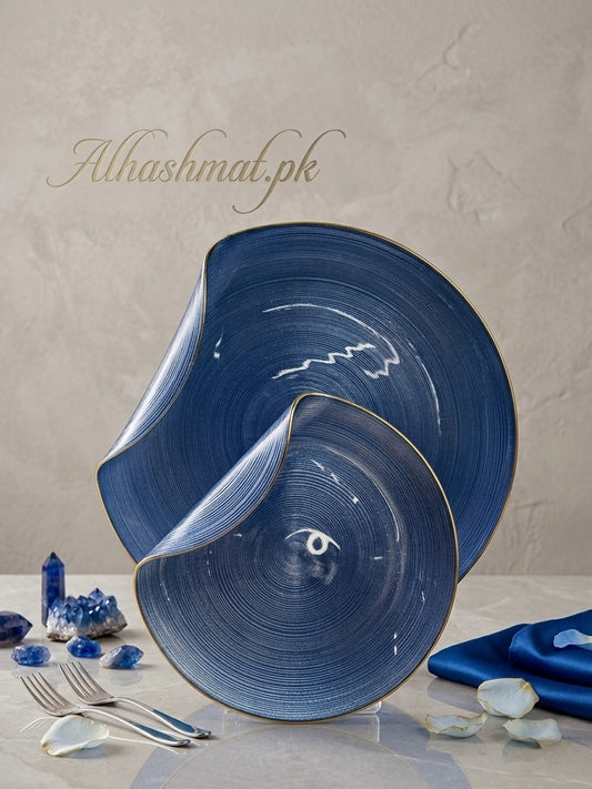 Handmade 7 PCS Aurora Glass Cake Plate Set With Gold Rim | Sculptural Glass Dessert Plate | Available in 5 Colours