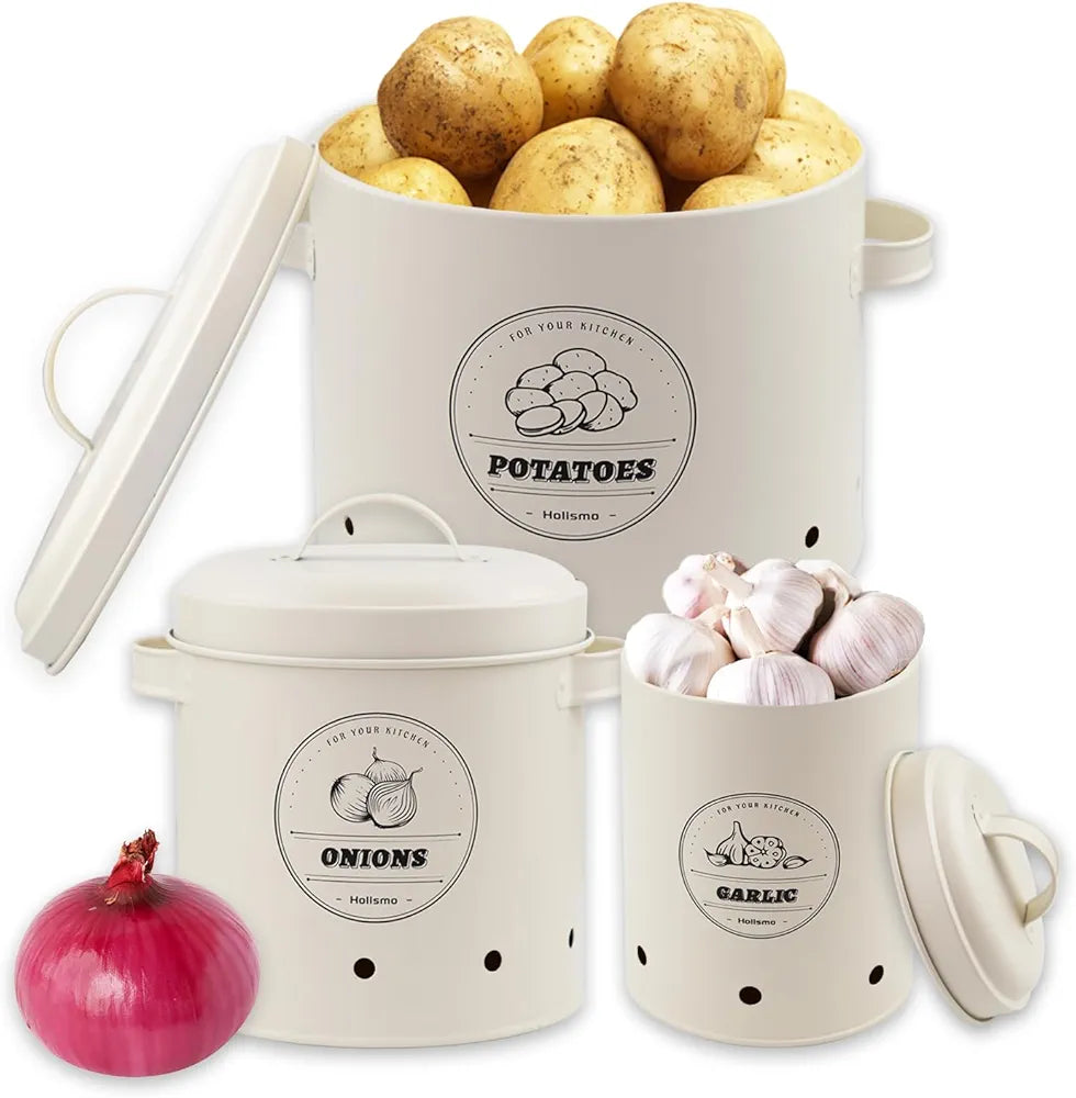 Premium Metal Set Of (3) Potato, Onion, & Garlic Storage Canisters (White)