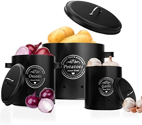 Premium Metal Set Of (3) Potato Canister (Black)