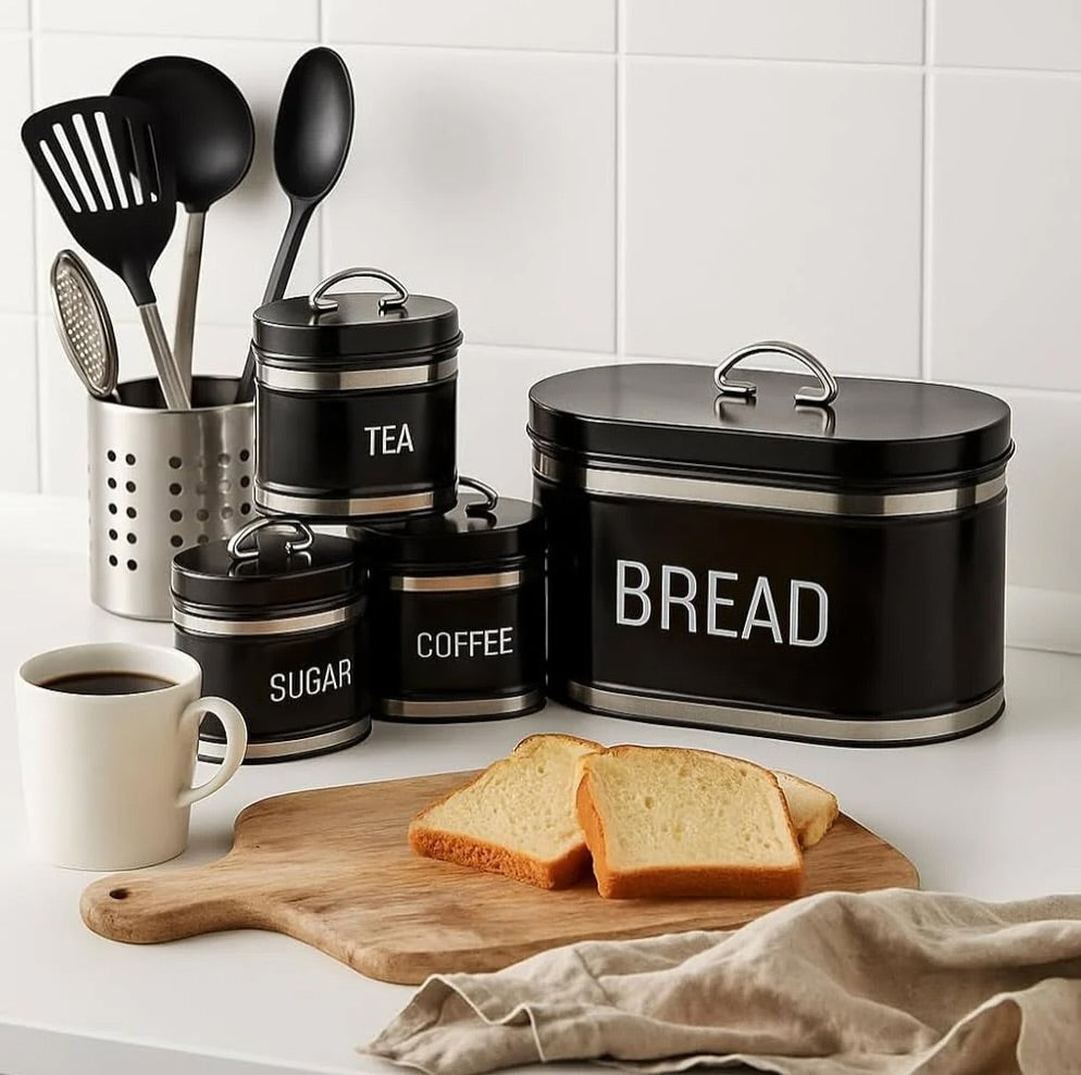 Coffee, Tea, Sugar Jars With Luxury Black Breadbox