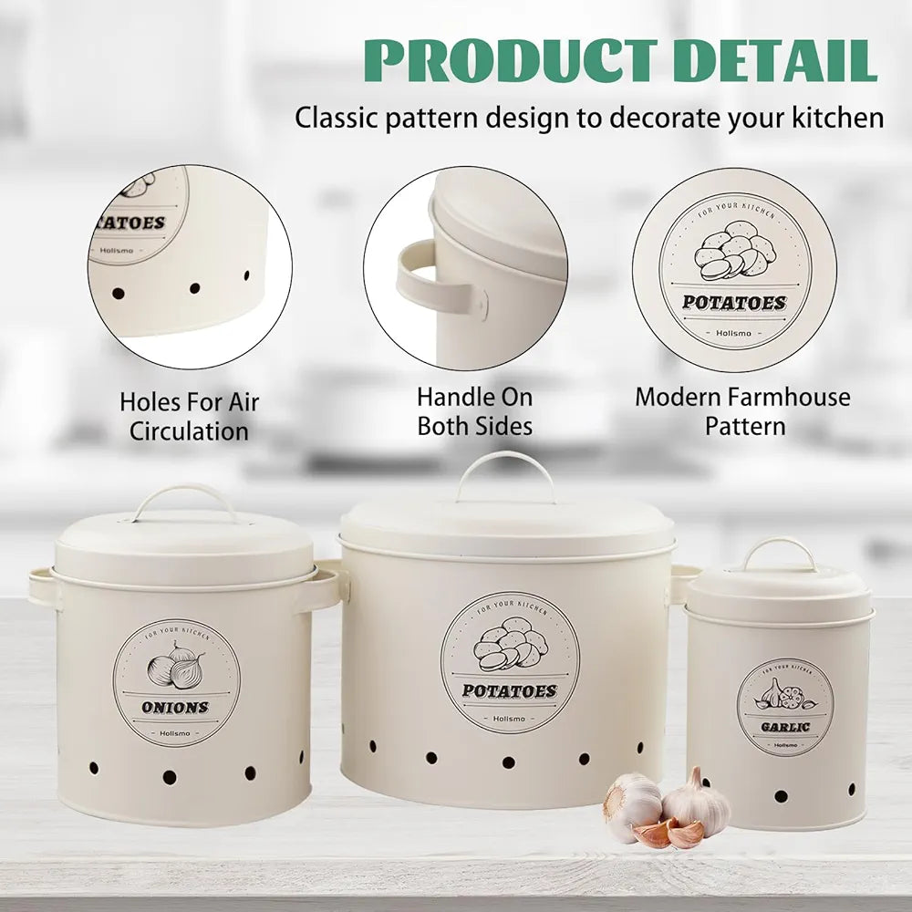 Premium Metal Set Of (3) Potato, Onion, & Garlic Storage Canisters (White)