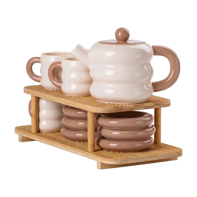 13 PCS Donut Ceramic Tea Set With Bamboo Stand For 6 Persons White & Beige