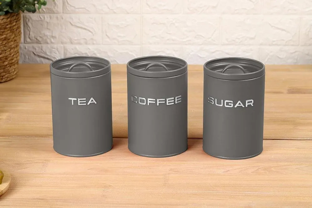 4PCS Set Of Tea, Sugar, Coffee Jars With Premium Quality Metal Breadbox Set - Kitchen Storage Grey