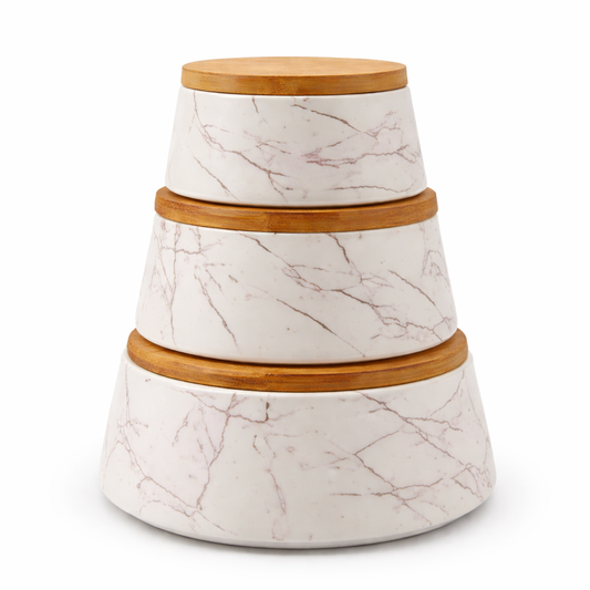 Luxury Ceramic 3PC Bowl Set with Natural Wooden Lids (Space-Saving)