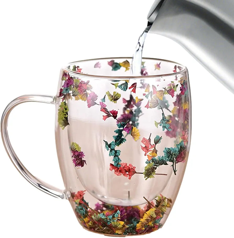 Double Walled, Insulated Coffee Mugs 350ML, Dried Flowers Multicolor Cups with Handle, Heat Resistant Cappuccino, Latte, Milk, Tea, Hot & Cold Beverages Mugs