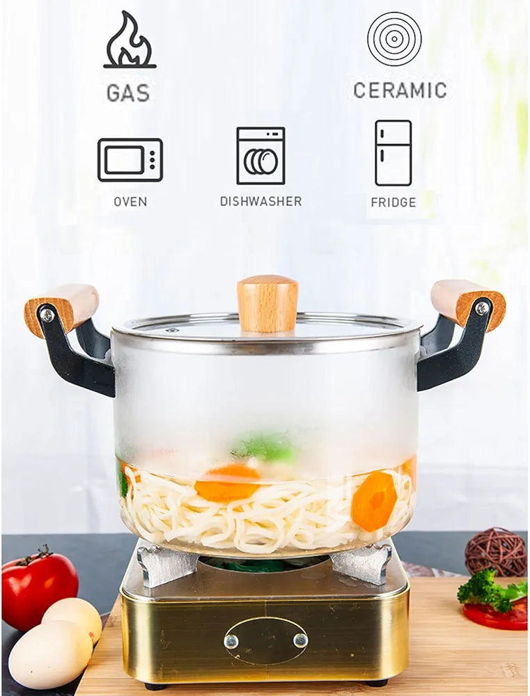 Heat-Resistant Borosilicate Glass Cooking Pot With Wooden Handles