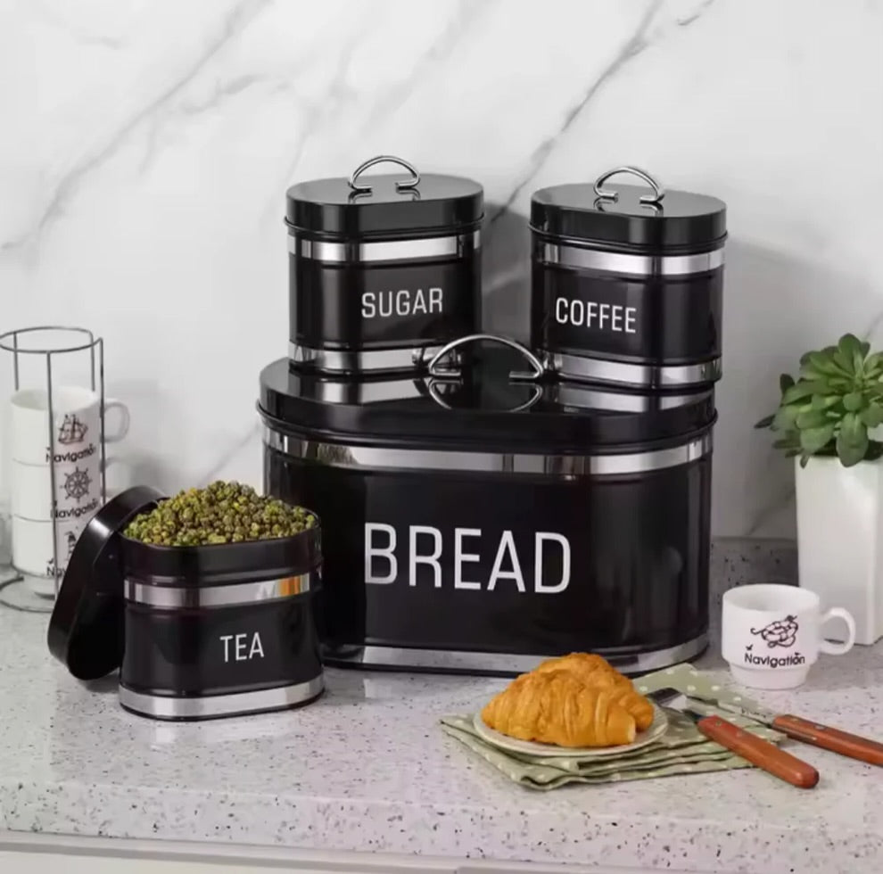 Coffee, Tea, Sugar Jars With Luxury Black Breadbox