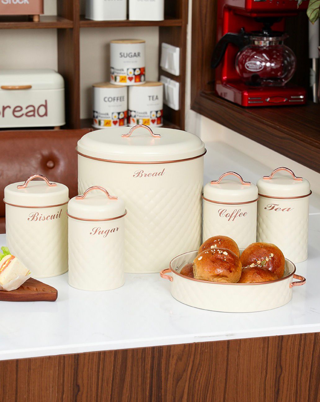 Biscuits, Tea, Coffee, Sugar Jars With Serving Tray & Elegant Bread Box 6 PCS Set – White (Premium Kitchen Storage)