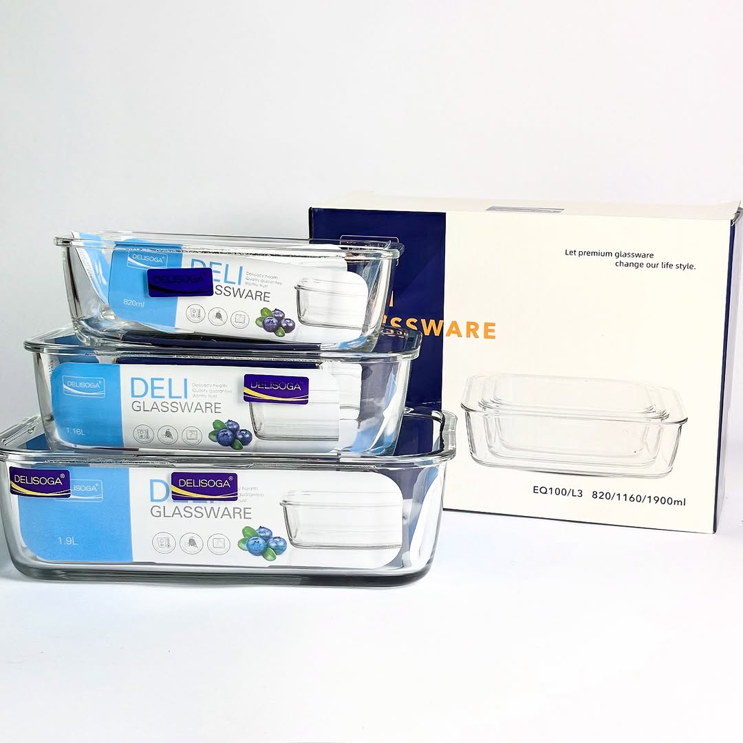 Transparent Glass 3PCS Dish Set Large 1900ML Medium 1160ML Small 820ML