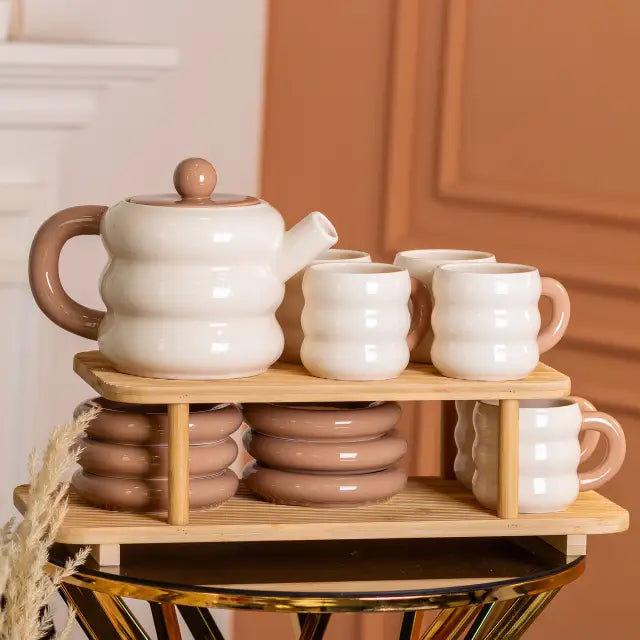 13 PCS Donut Ceramic Tea Set With Bamboo Stand For 6 Persons White & Beige