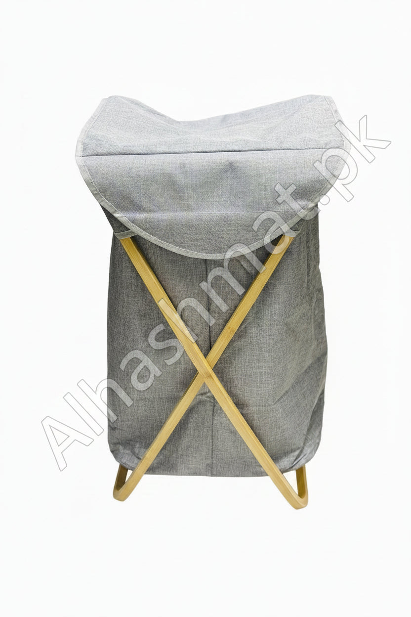Foldable Bamboo Laundry Hamper with Lid - Grey Fabric Bin