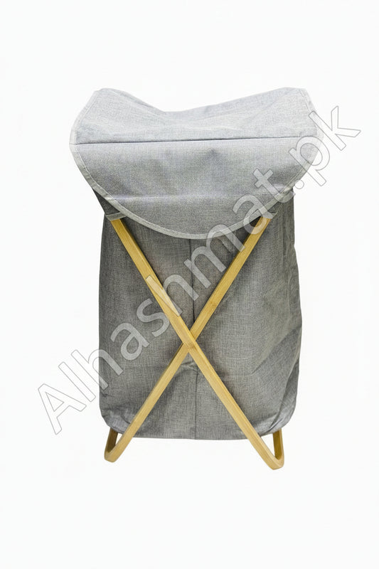 Foldable Bamboo Laundry Hamper with Lid - Grey Fabric Bin