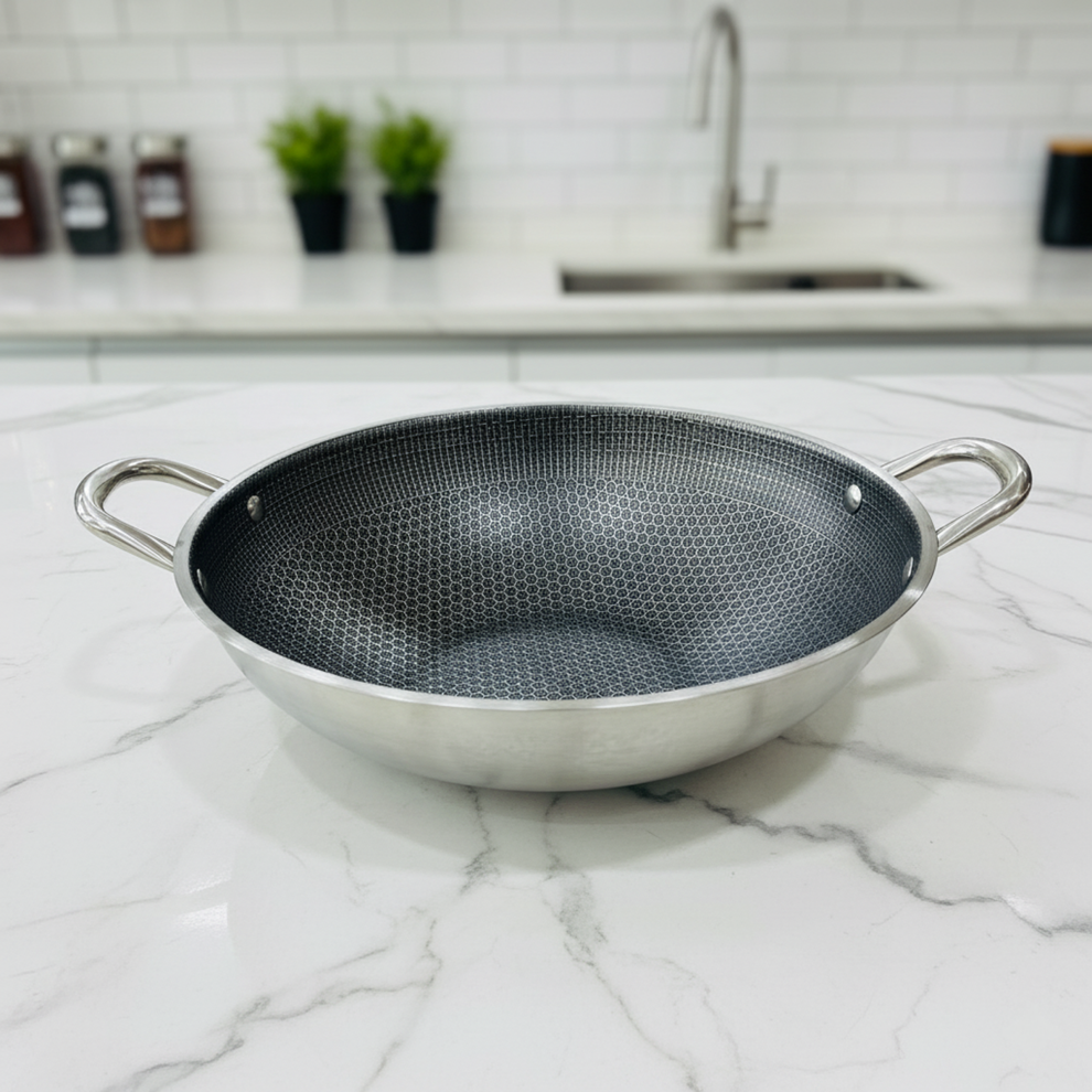 Non-Stick High Quality Heavy Duty Honeycomb Karahi/ Deep Pan For Cooking! (Available in 32CM 36CM) Steel Laser Coated
